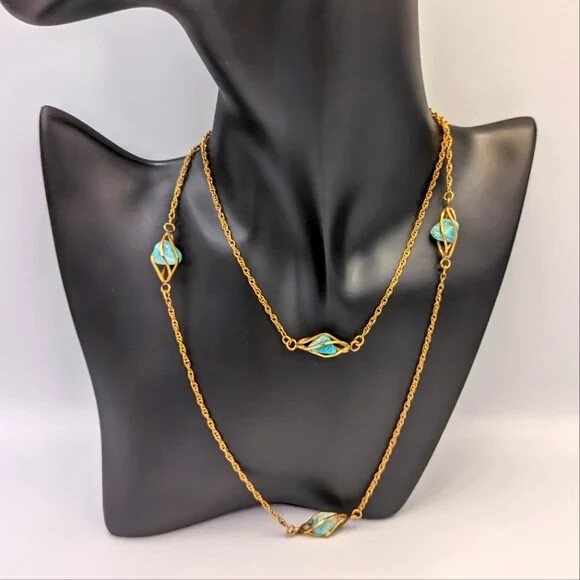 Vintage 12K Gold Filled Caged Polished Nuggets Blue Beryl Stations Necklace
