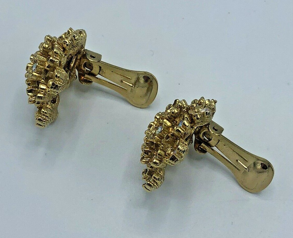 Vintage Orena Paris Aurora Borealis Crystal FLOWER Gold Tone Clip On Earrings