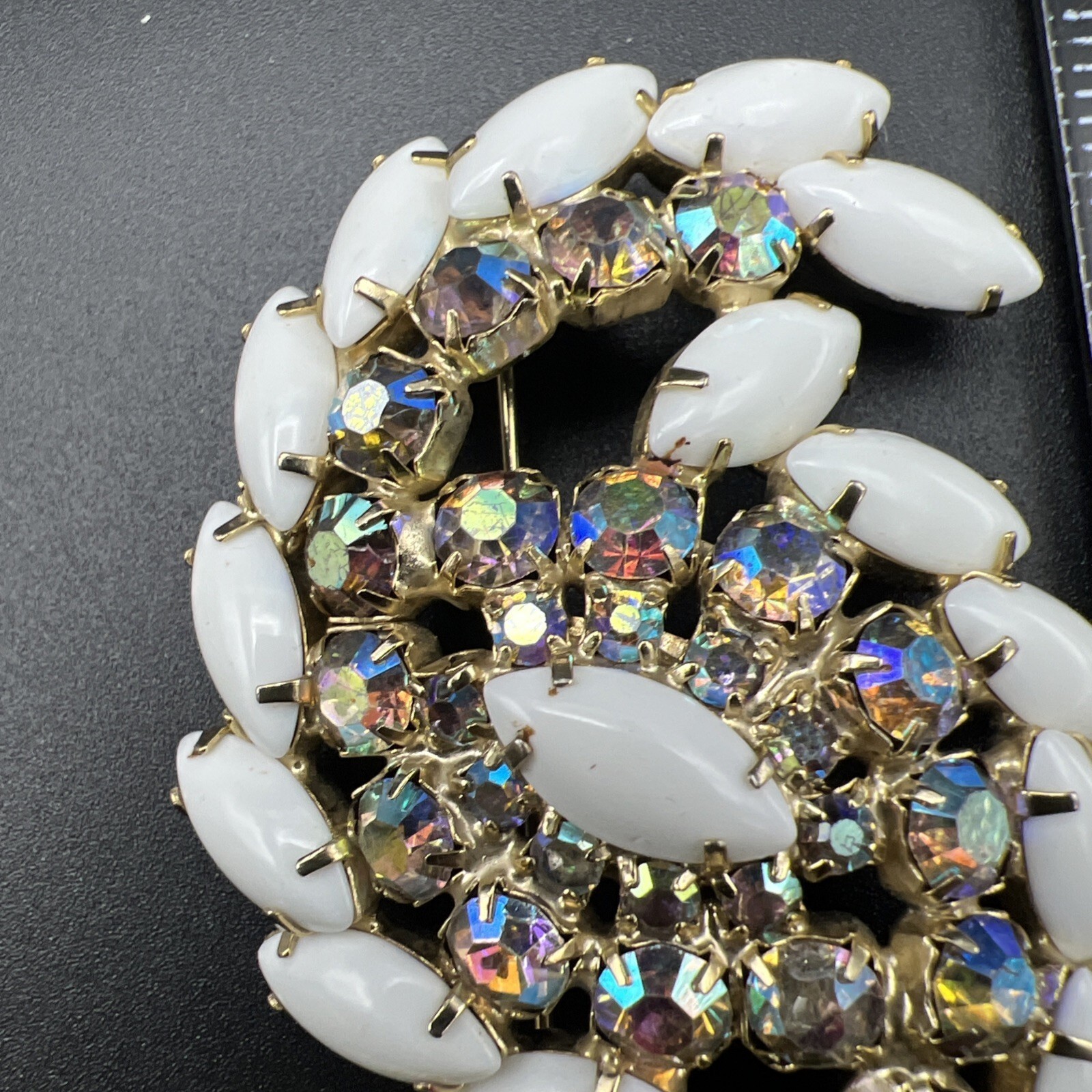 Vintage Aurora Borealis Rhinestone Milk Glass Large Swirl 3″ Brooch Pin