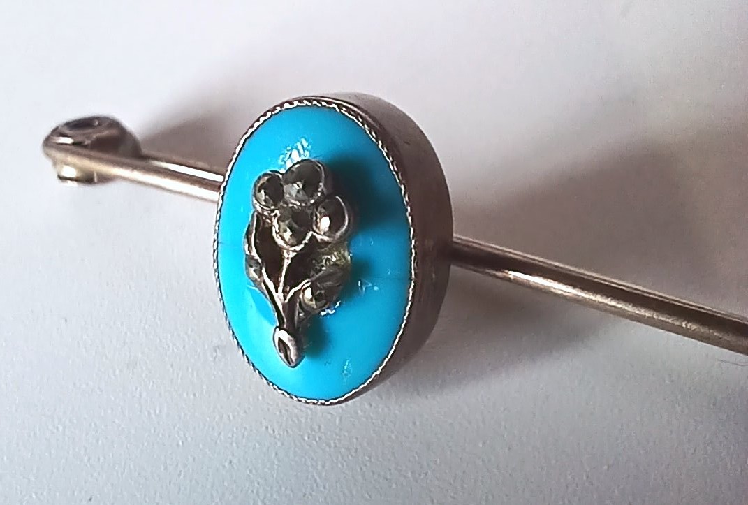 Hallmarked Antique Bar Pin: Turquoise Oval Stone w Marcasite Flower Bouquet
