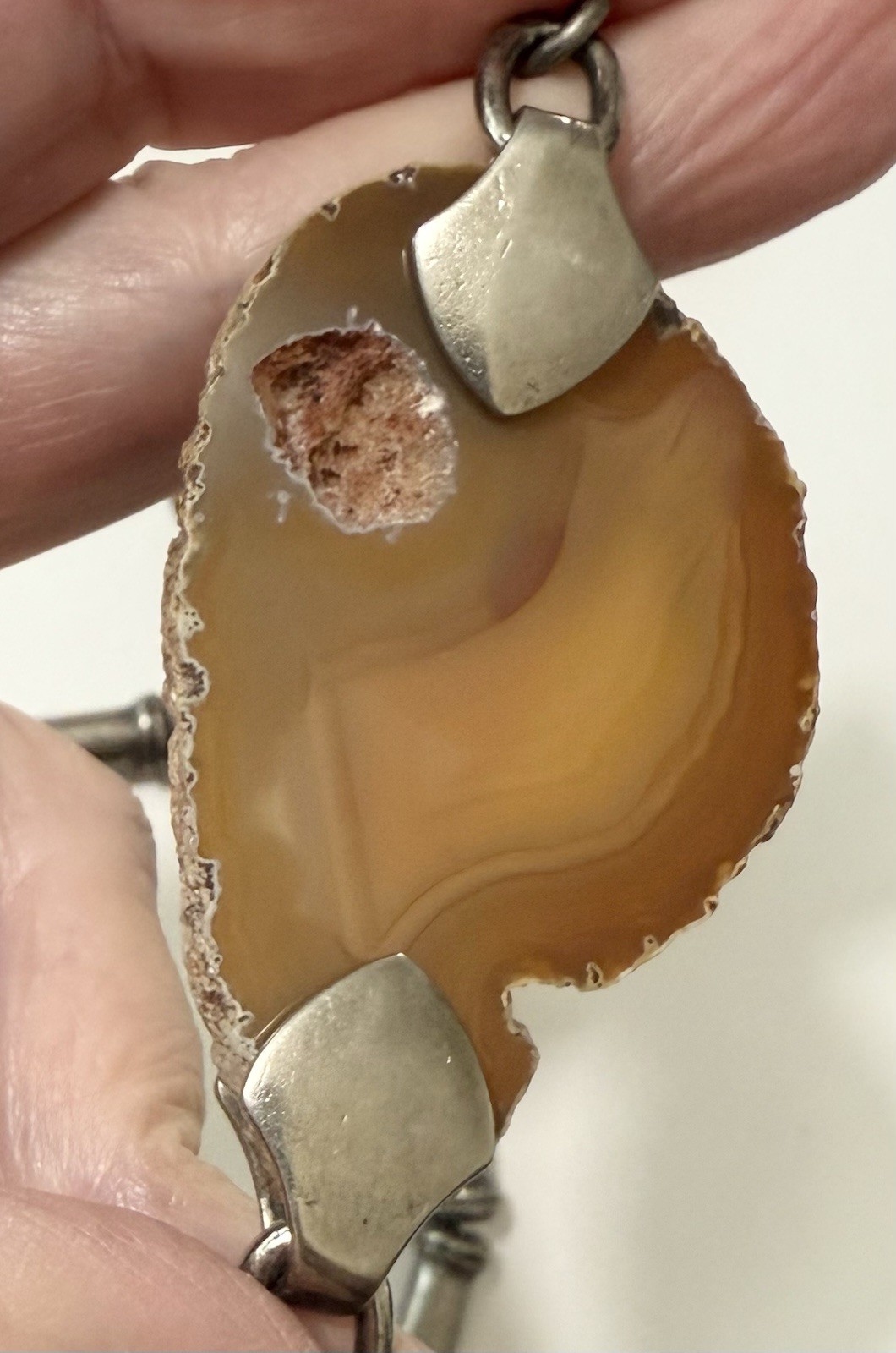 Modernist Pewter Tube Bead & Agate Geode Slices Chain Belt or Necklace 34”- 40”