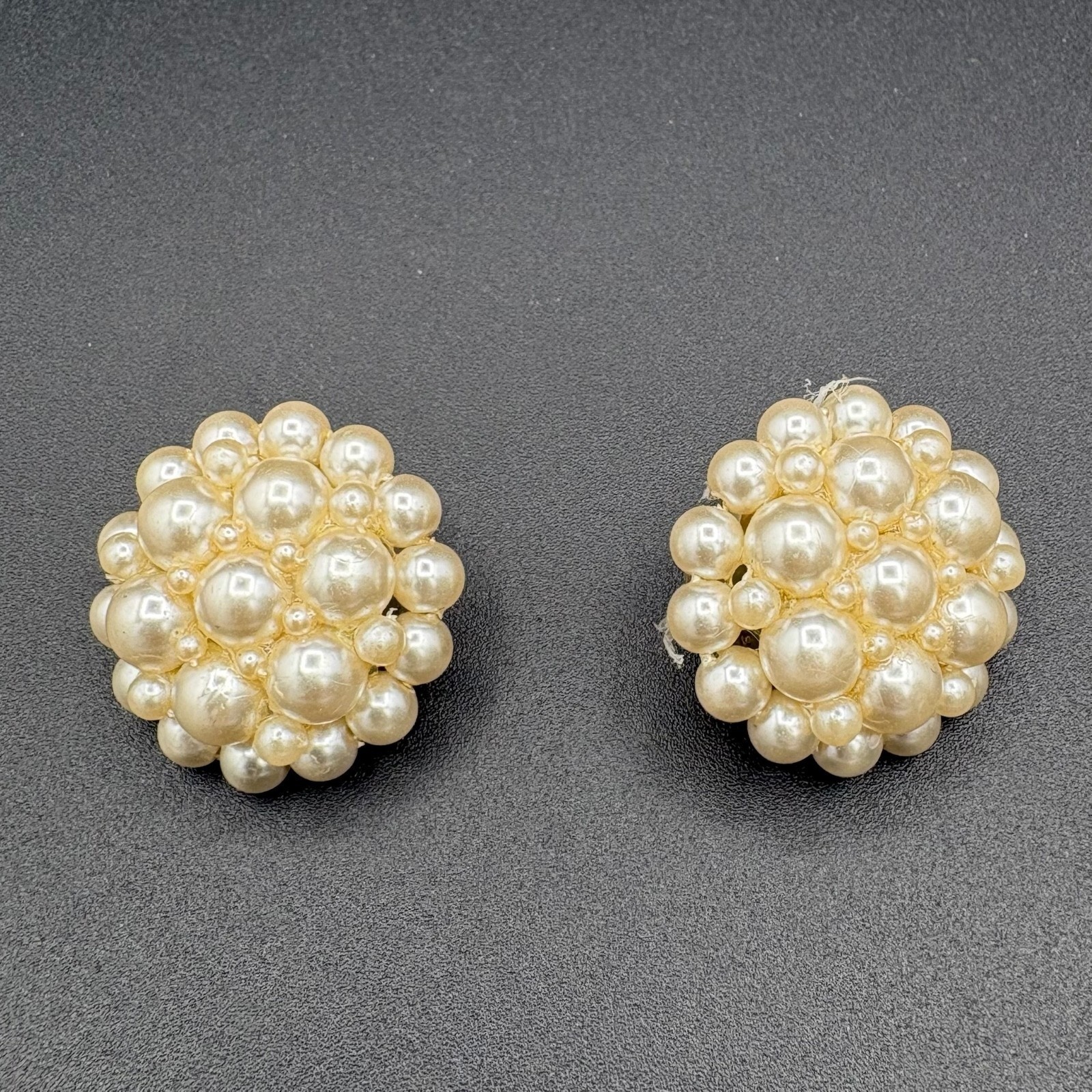 Vintage Faux Pearl Cluster Round Domed Clip On Earrings Beaded Jewelry Chunky