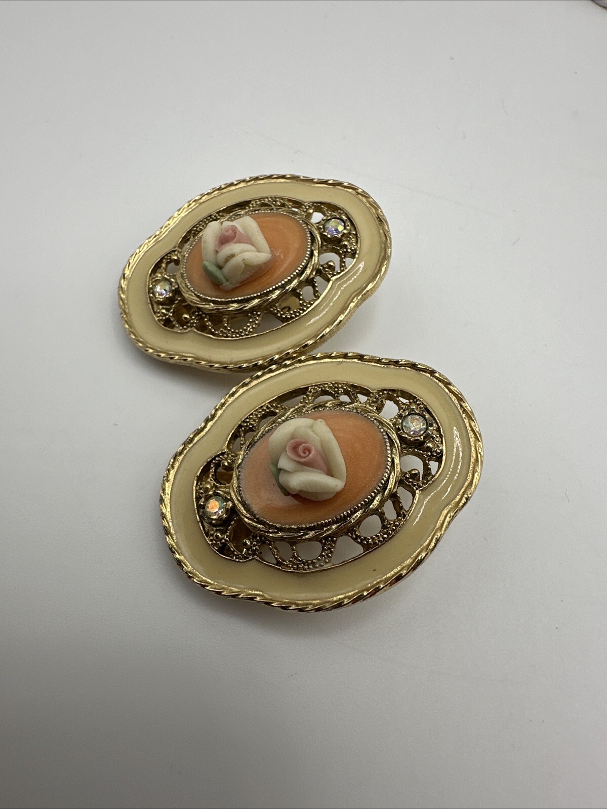 Vintage 1928 Gold Tone Orange & Cream Enamel AB Crystal Clip On Rose Earrings