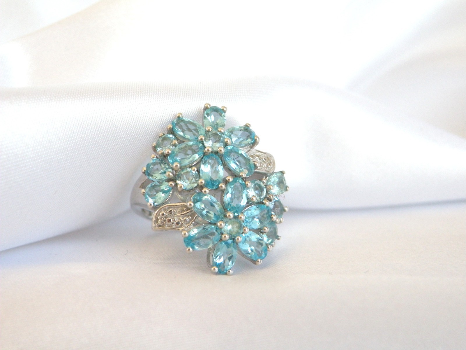 Vintage Sterling Silver 925 Cluster Natural Aqua Blue Apatite Large Ring Size 6