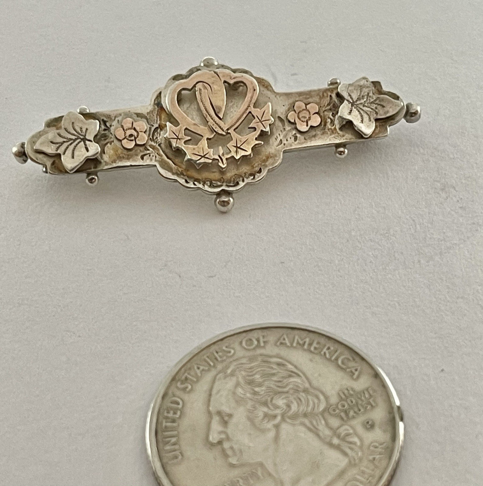 Victorian Double Hearts Sweetheart Bar Brooch Sterling Rose Gold Hallmarked
