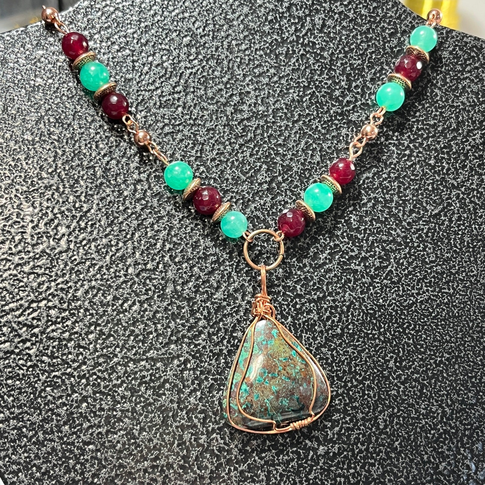 Chrysocolla Triangle 1 1/4″ Cabochon Copper Wrapped Carnelian Agate Necklace 20″