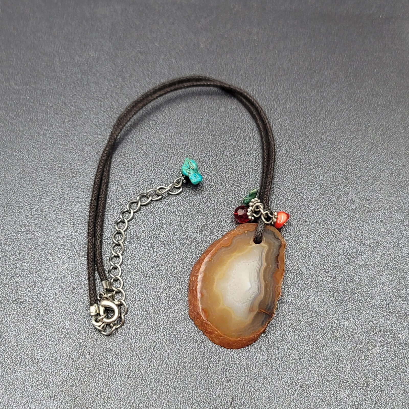 Banded Agate Geode Slice Pendant Necklace Beads Black Cord 15″-18″