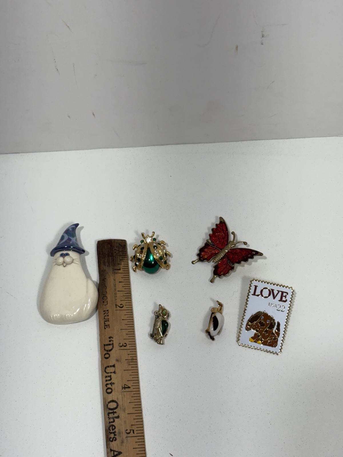 Vintage Brooch Pin Lot 6 Bug Green Cat Owl Penguin Butterfly Rhinestones Animals
