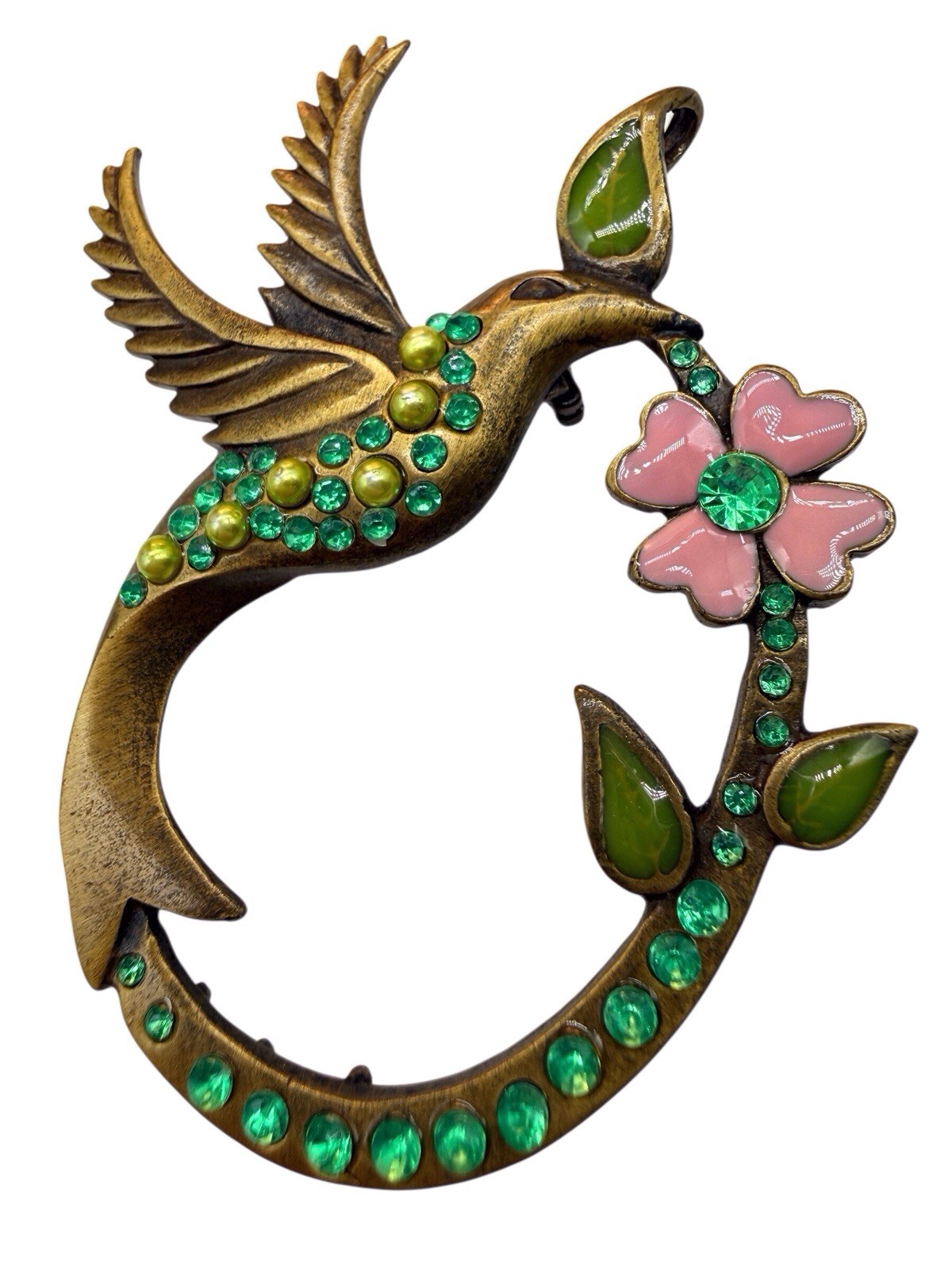 Vintage Green Rhinestone and Faux Pearl Hummingbird Pink Enamel Flower Brooch A9