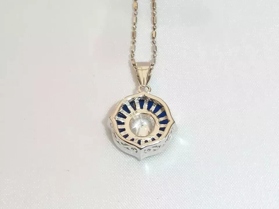 Art Deco Style Lab Created Diamond Sapphire Engagement 14K White Gold FN Pendant