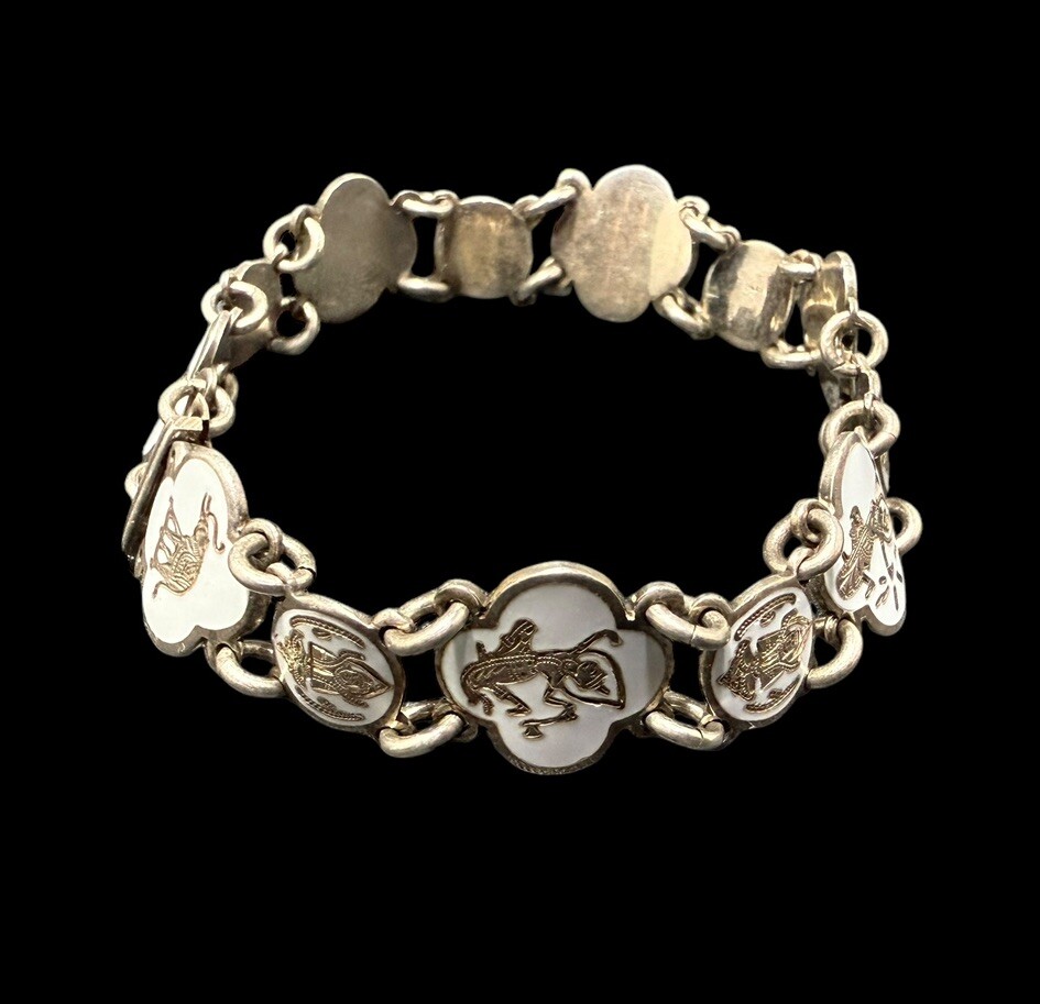 Vintage Sterling Silver Siam Dancers And Elephant Link Bracelet 7.25 in
