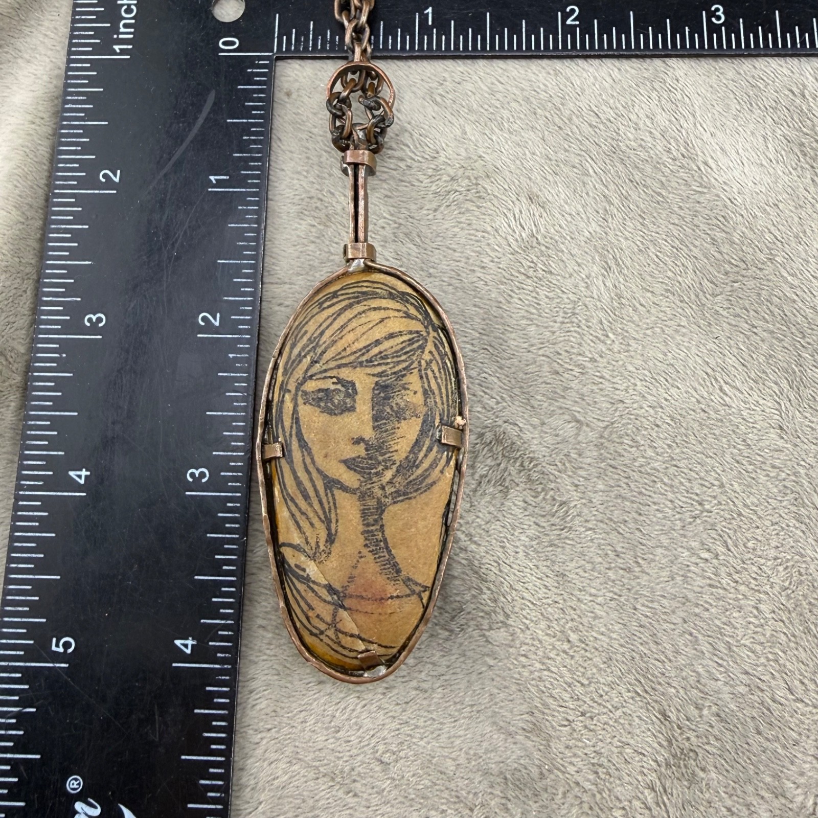 Vintage Necklace Hand Painted Portrait Double Sided Egyptian Revival Copper 28”