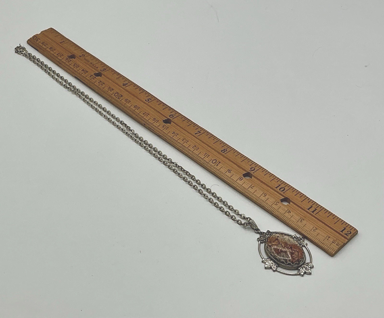 Vintage Lace Agate Pendant Silver Metal Ornate Setting With Chain