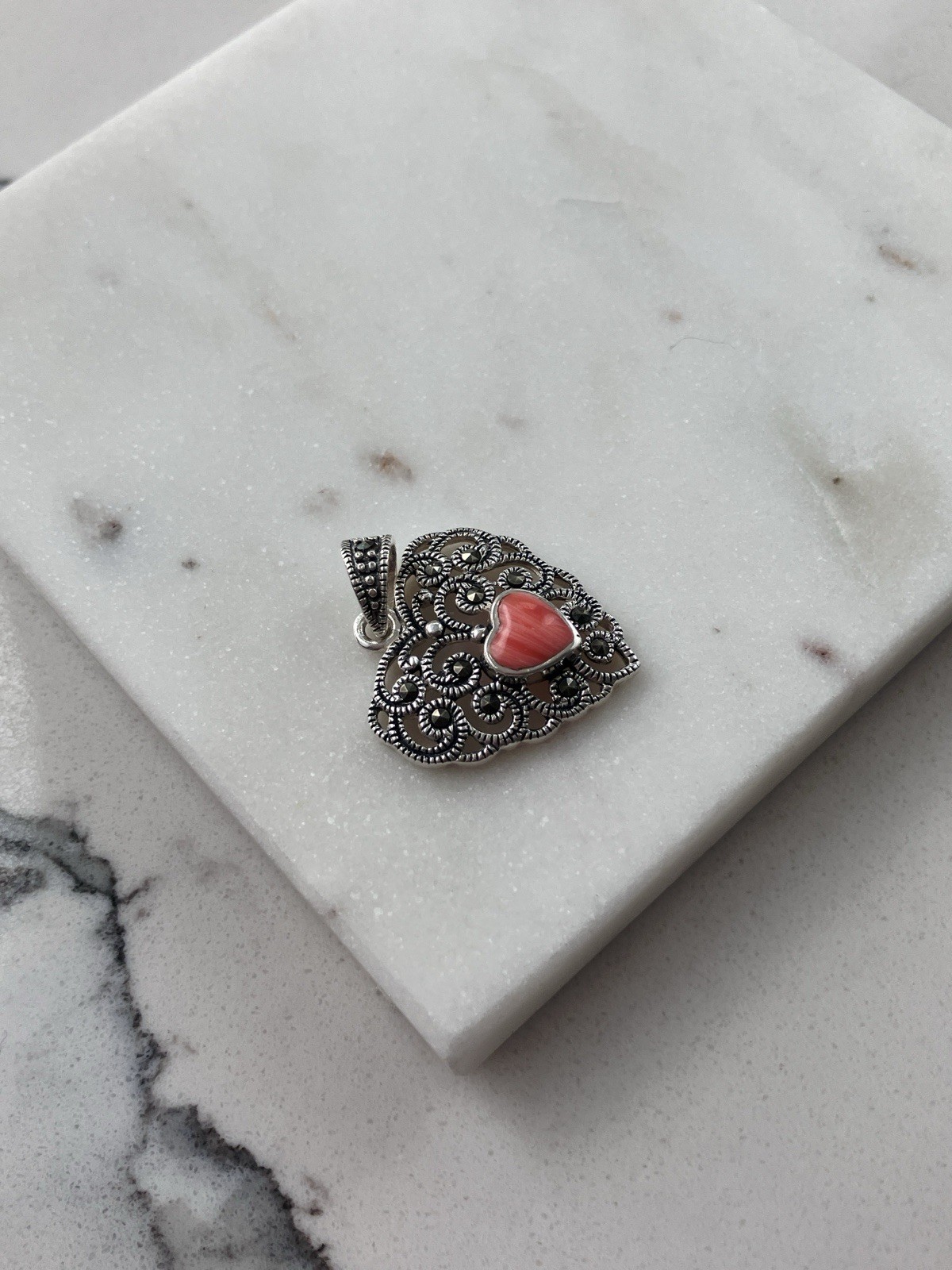 Vintage 925 Sterling Silver Pink Coral Marcasite Heart Pendant