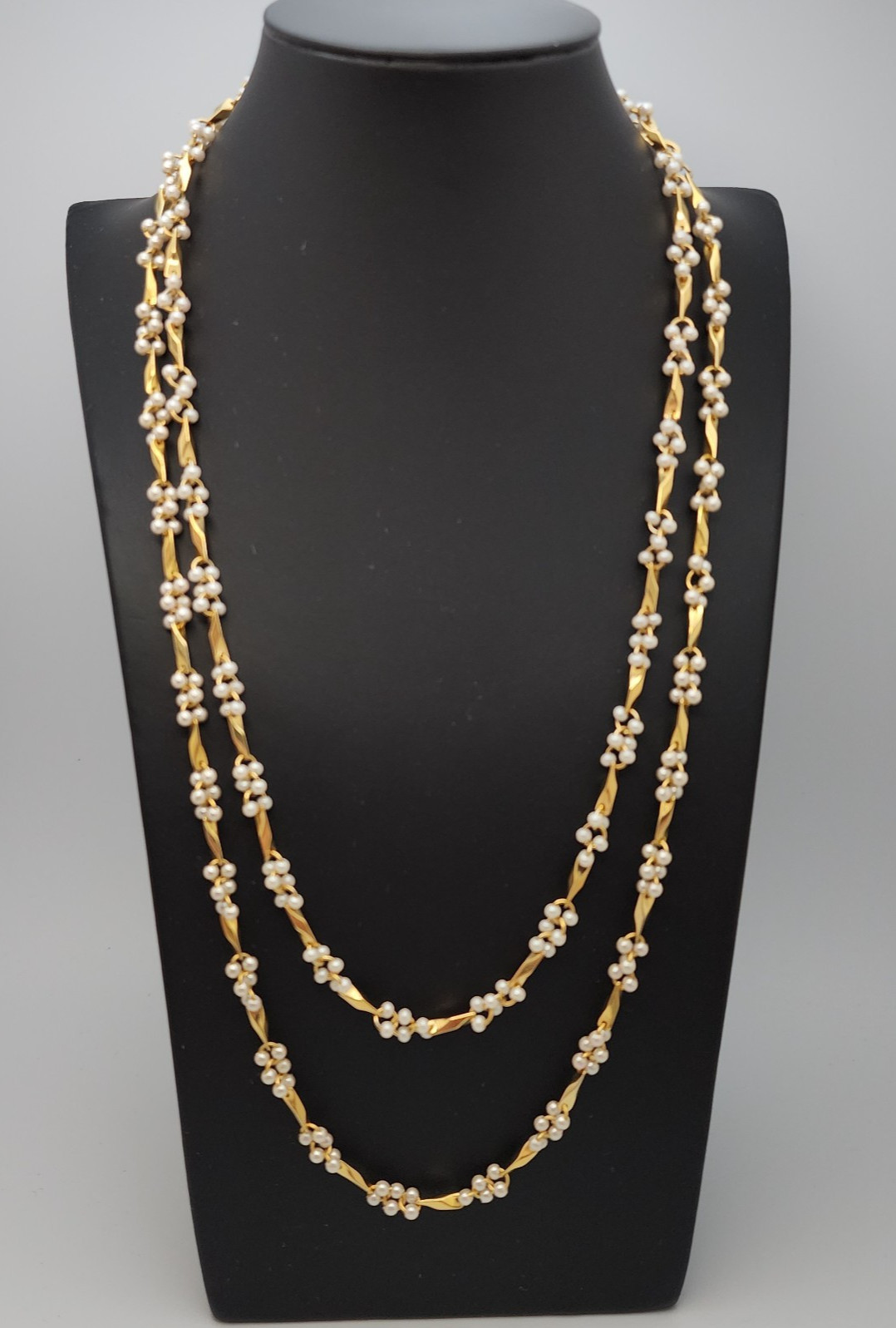 Vtg Pearl Bead Cluster Stations Necklace Twisted Bar Link Gold Tone Dainty 3