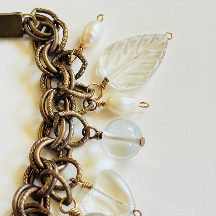 VTG charm Bracelet FreshWater Baroque Pearl glass leaf heart Beaded dangle brass
