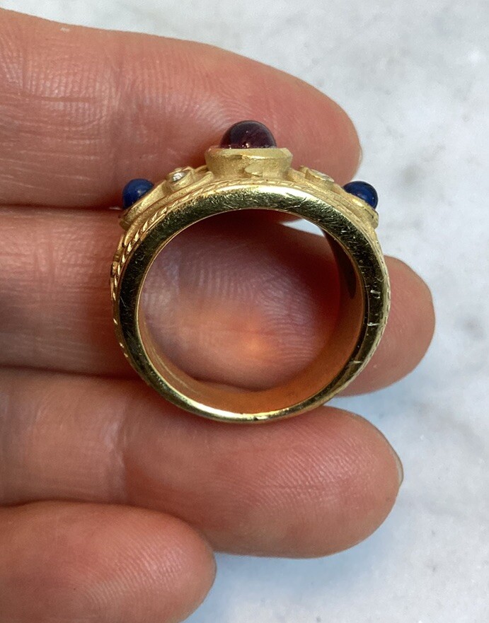 Vintage Gold Plated Byzantine Greek Faux Ruby Sapphire Peridot Ring Size 7