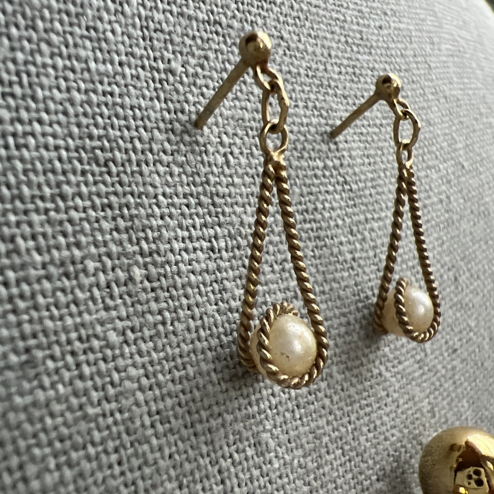 Two Pair Vintage Gold Tone Earrings; Faux Pearl; Gold Tone Ball; Classic!