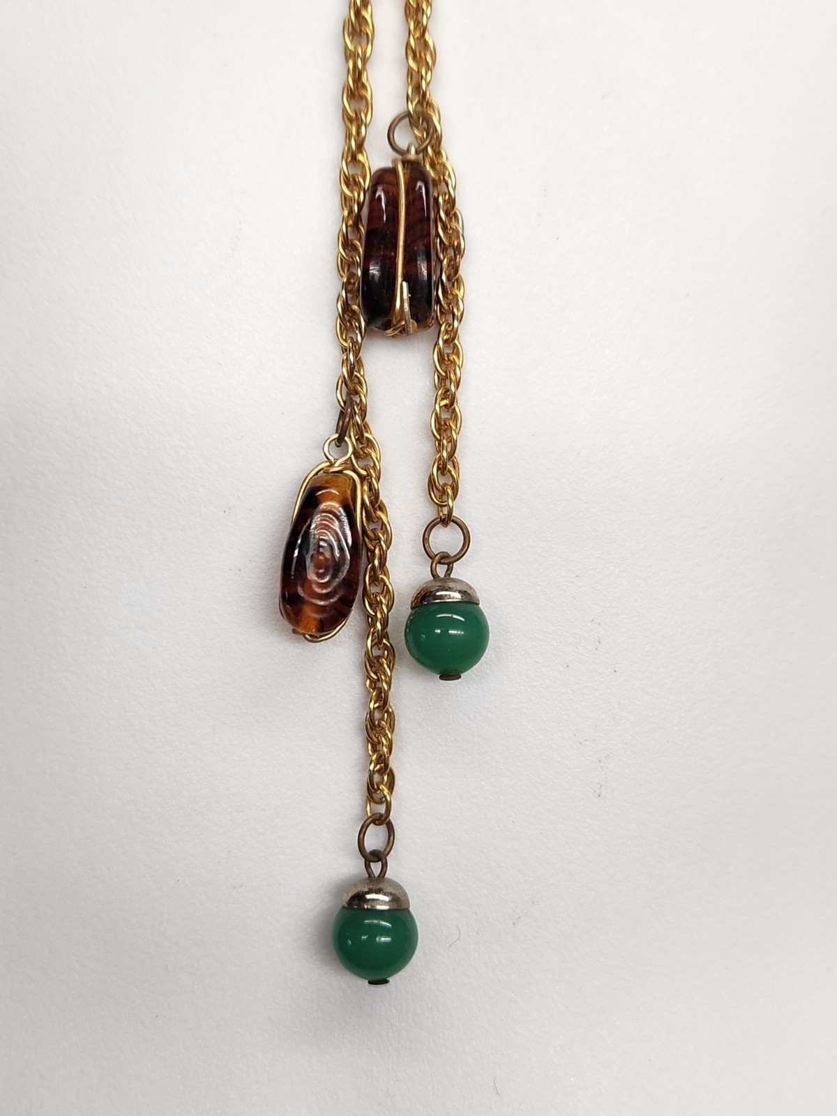 VTG Long Gold Tone Faux Agate & Chrysophase Beads Convertable Lariat Necklace