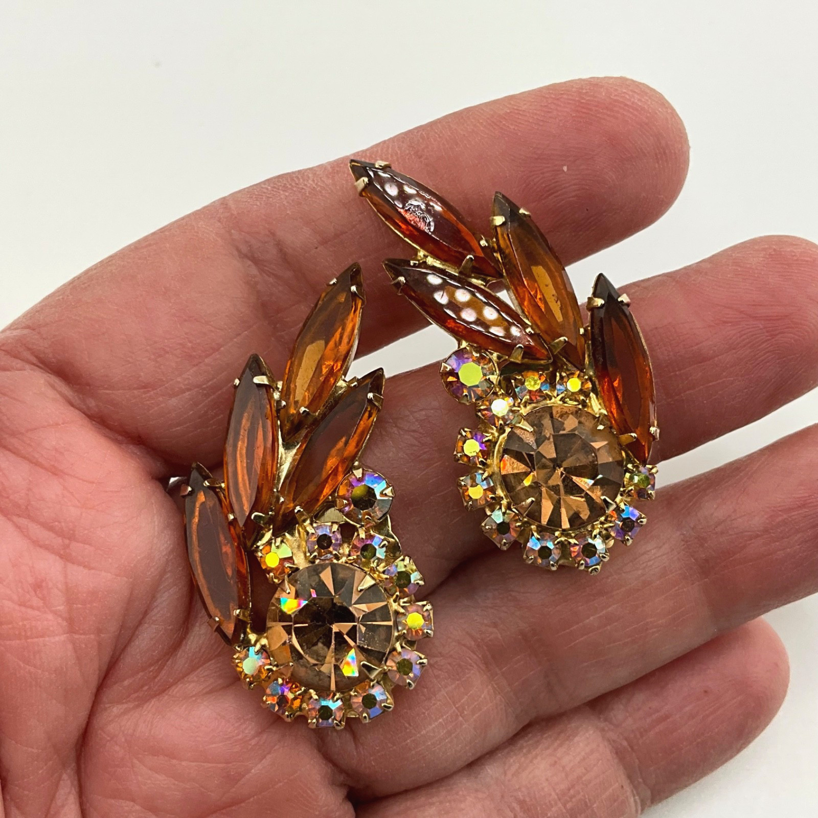 Vintage Mid Century Modern Crystal Clip Earrings Amber Navette Aurora Borealis