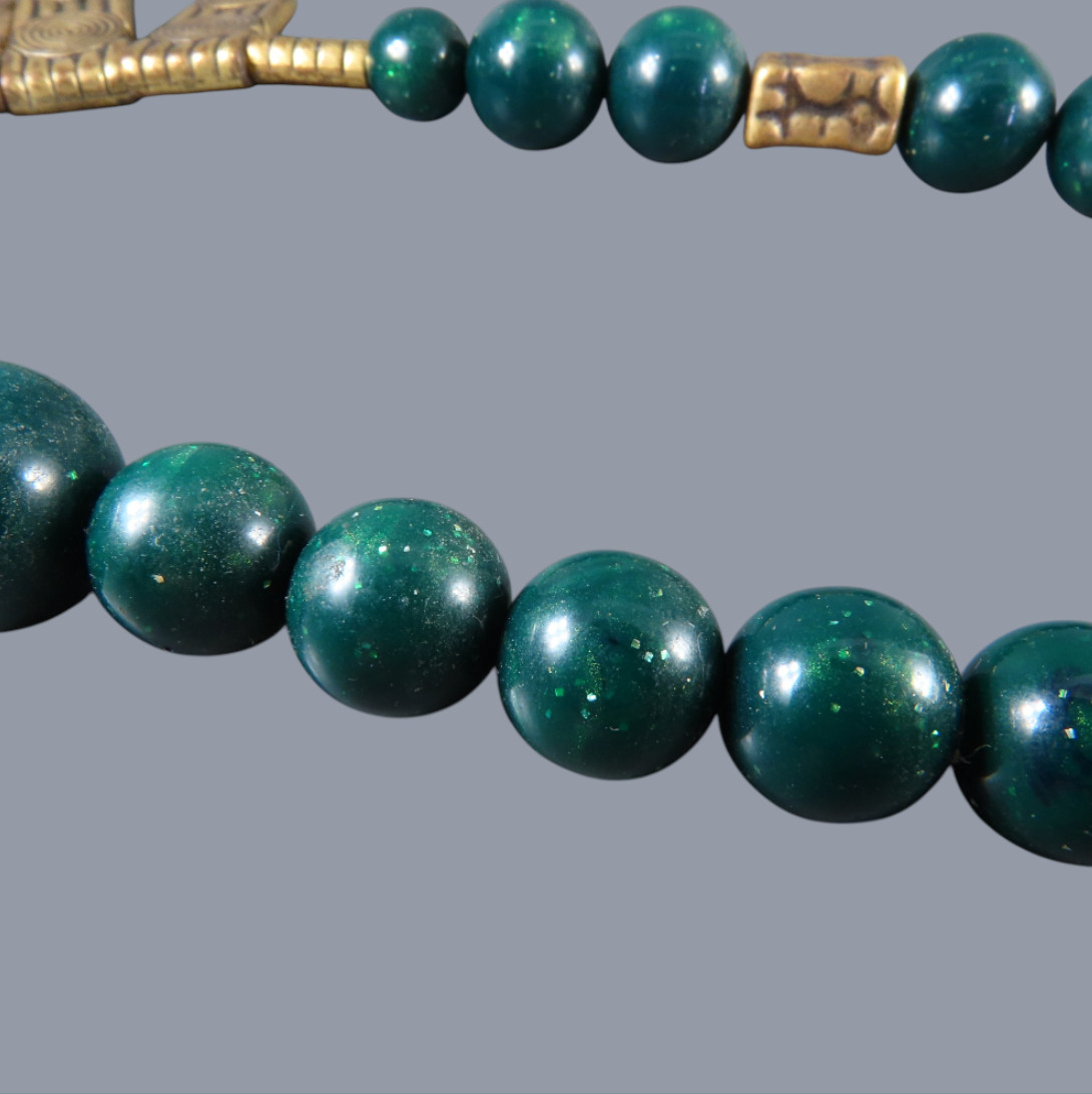 VTG Beaded Necklace EGYPTIAN REVIVAL Dark Green GOLD TONE BIB FRINGE PENDANT