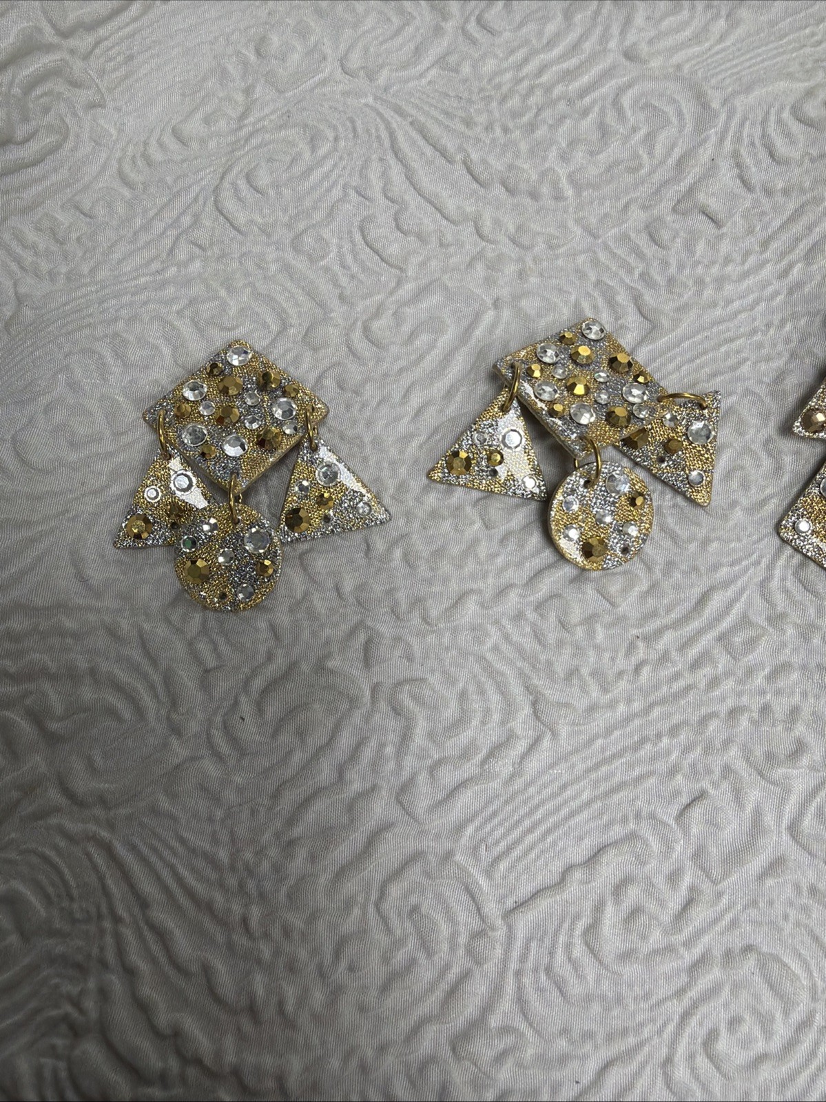 Vintage 1980s (2) MAM Retro Style Glitzy Chimes Clip Dangle Earrings Geometric