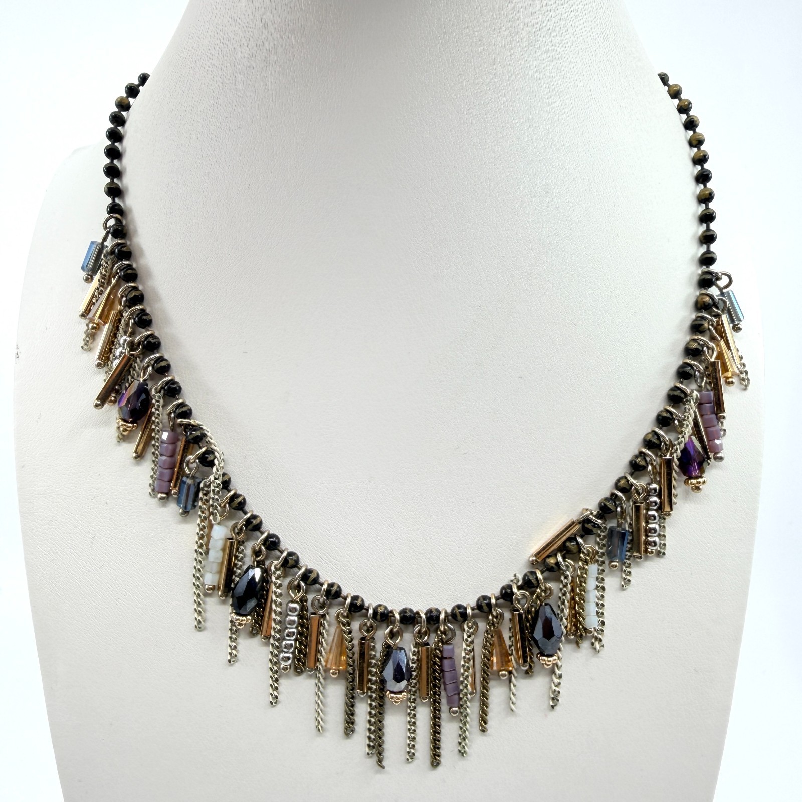 Vintage Boho Multi Strand Fringe Statement Necklace Beaded Chain Bib Mixed Metal