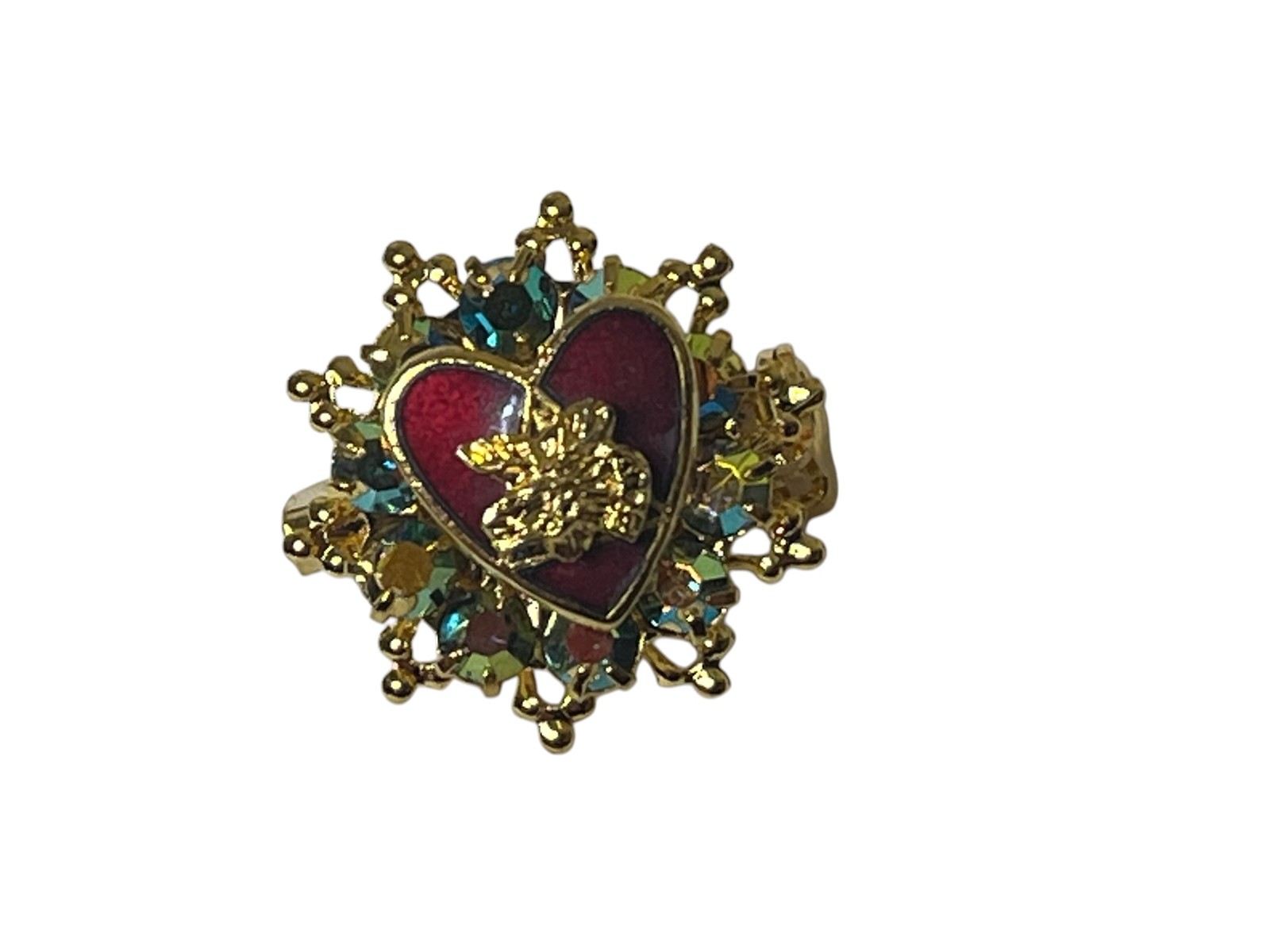Vintage Gold Tone Red Heart Flower Rhinestone Brooch Pin Jewelry