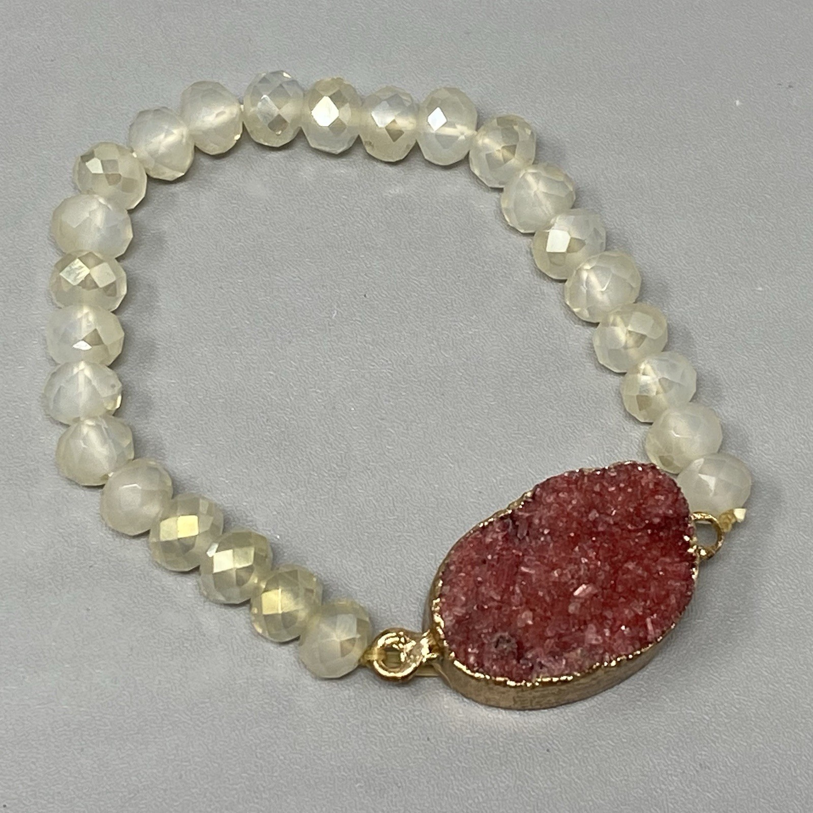 Druzy Stone Bracelet Cream Iridescent Fire Polish Faceted Pink Stone Stretch 6.5