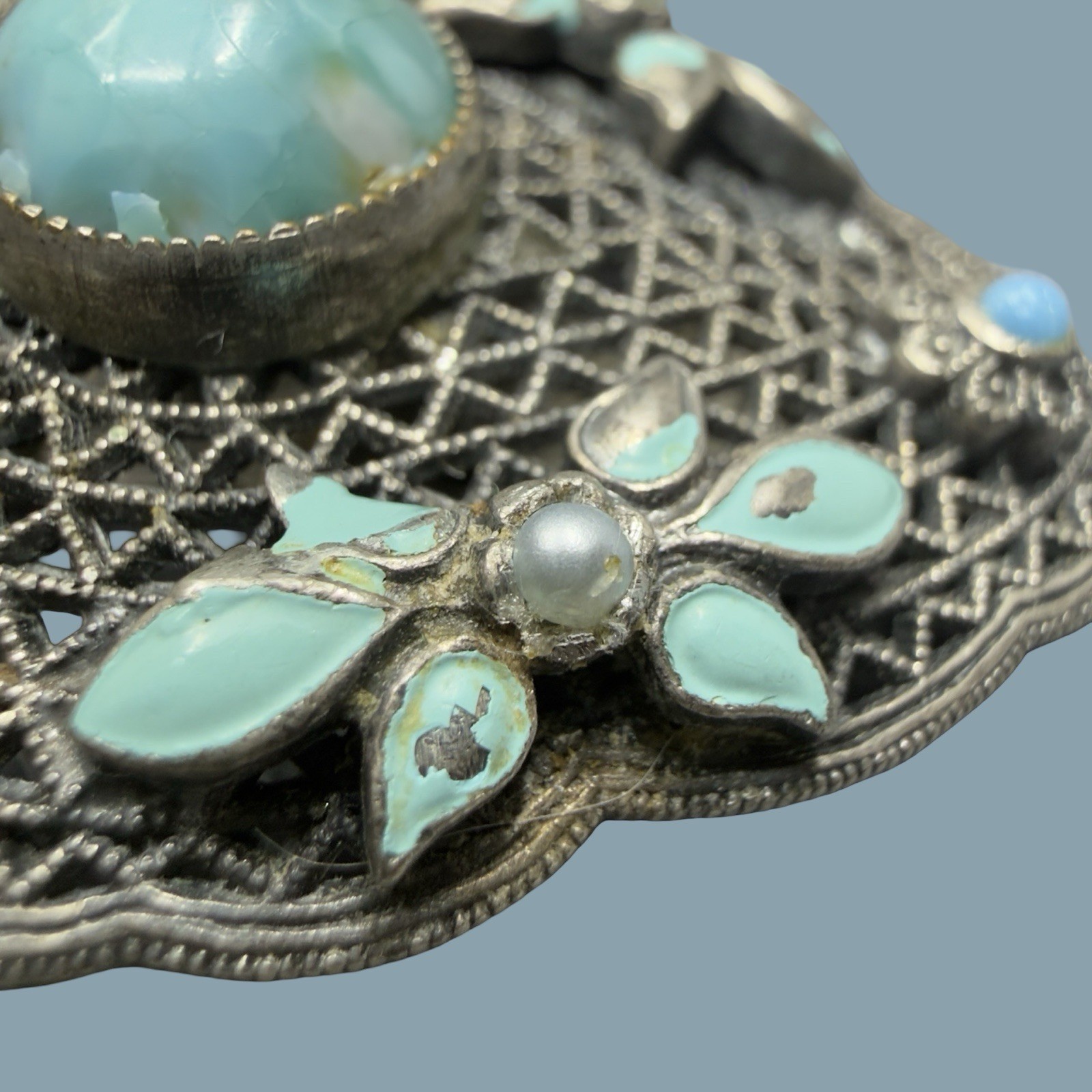 Antique Czech Glass Filigree Enamel Turquoise Blue Fur Dress Clip Brooch NEIGER?