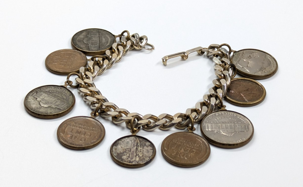 Real Coin Charm Bracelet 25 30s 40s 50s Nickel Wheat Penny Buffalo Mercury Dime