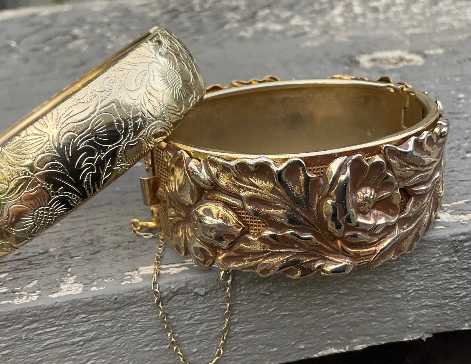 Vintage CUFF BANGLE BRACELETS Repousse Floral Nouveau Wide Gold Tone Finish