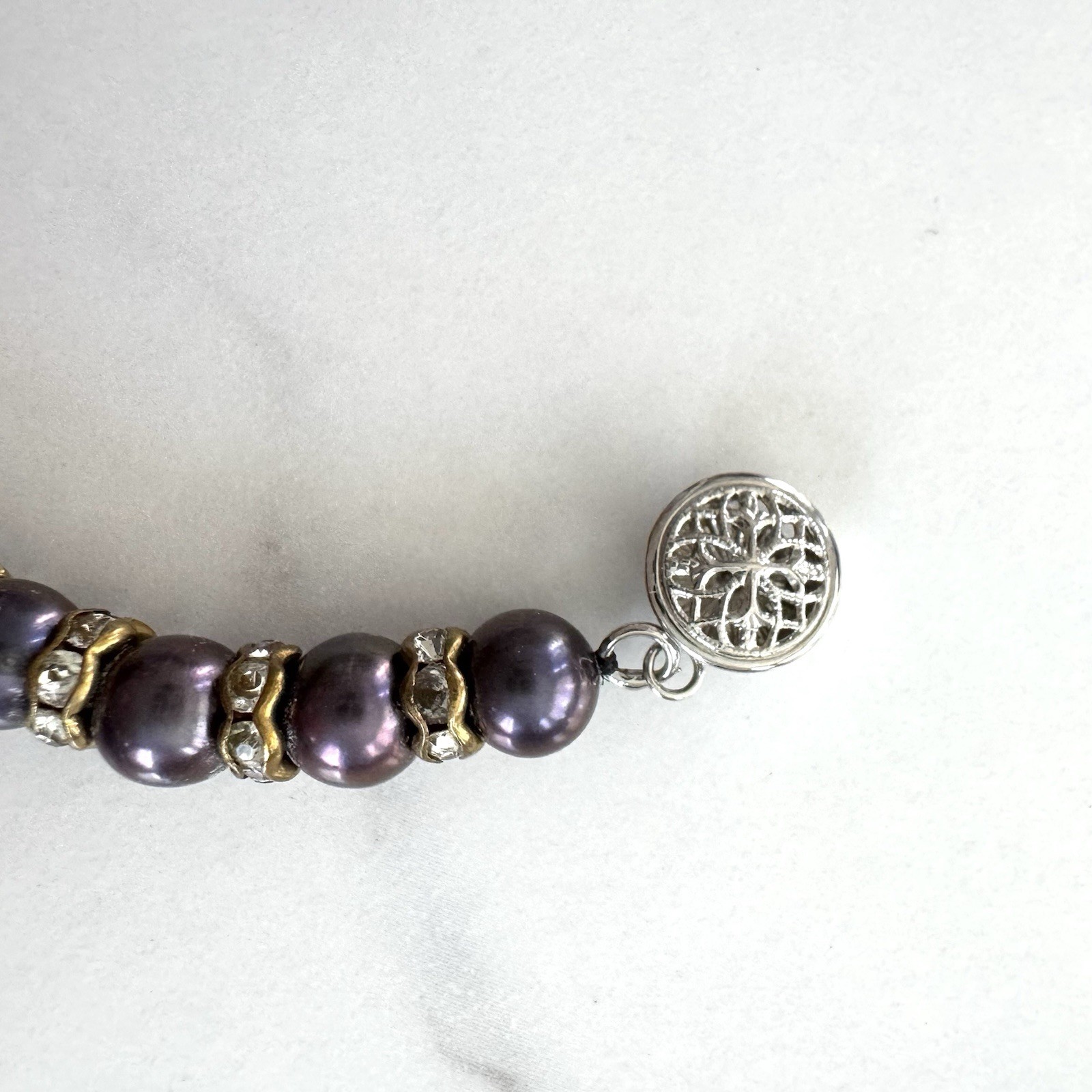 VTG Freshwater Pearl Bracelet Peacock Purple Rhinestone Rondelles Box Clasp 7.5”