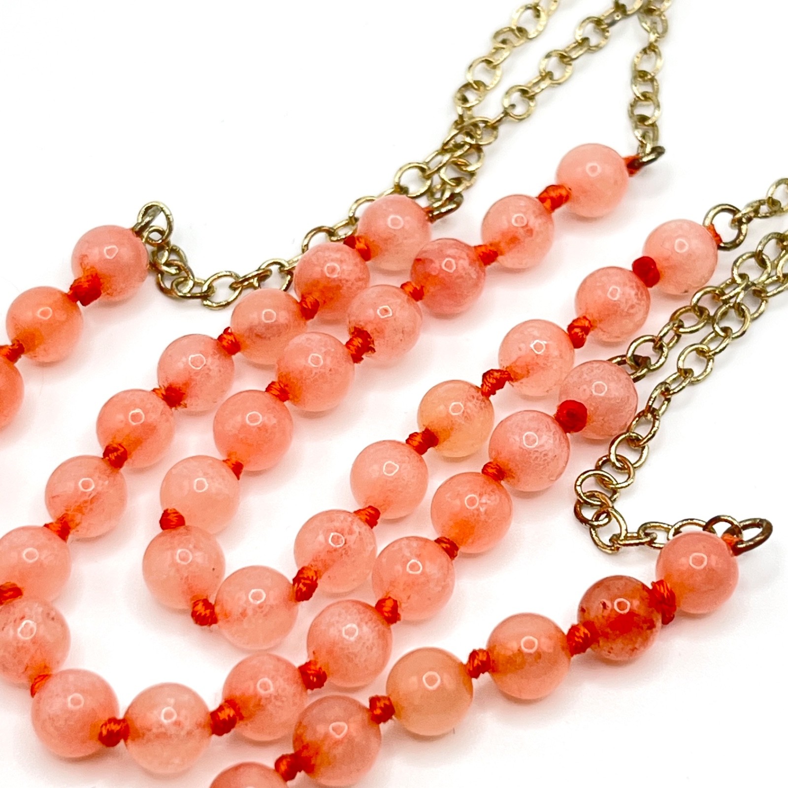Vintage Orange Pink Stone Layered Knotted Bead Necklace w/ Faceted Pendant 21″