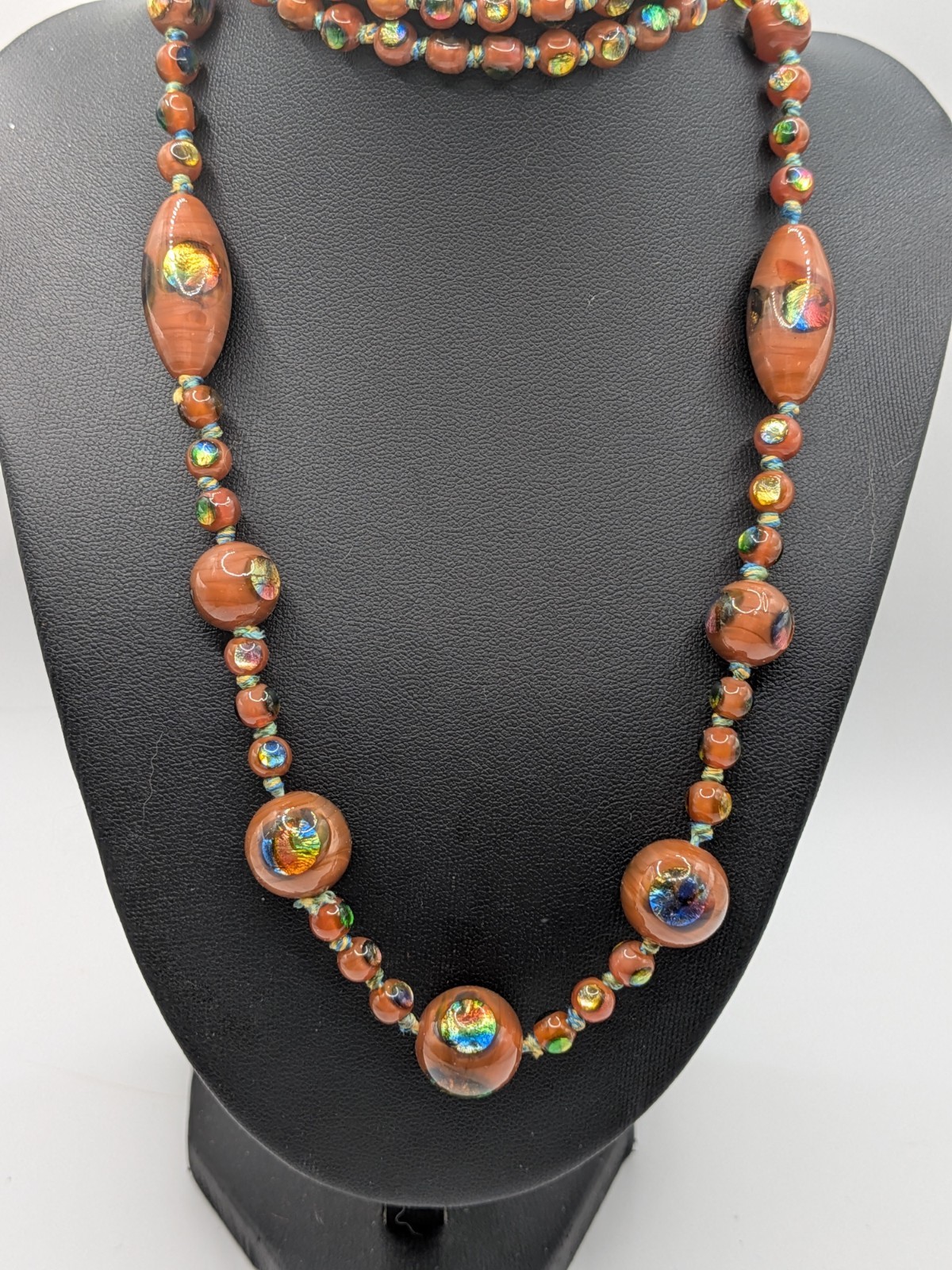 Art Deco Antique Czech Glass Rainbow Foil Peacock Eye Bead Necklace Brown Read