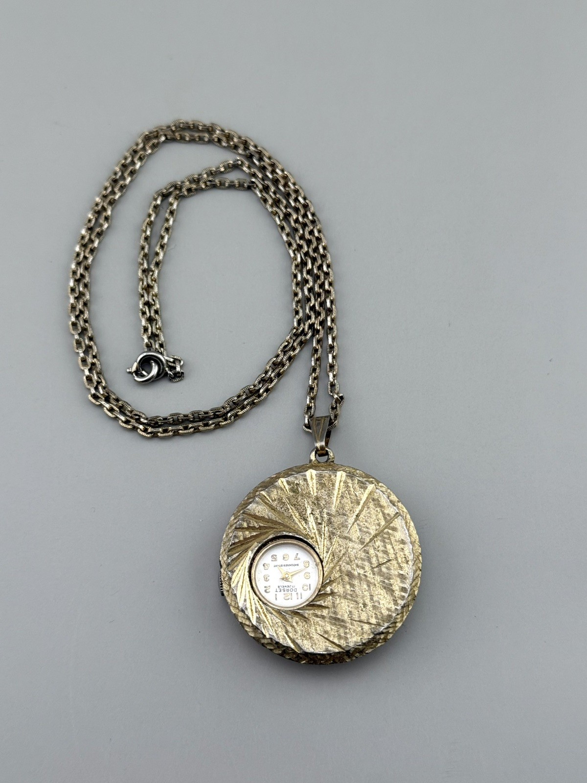 Vintage Dorset Swiss Pendant Watch Mid Century Atomic Starburst Manual 25″ Chain