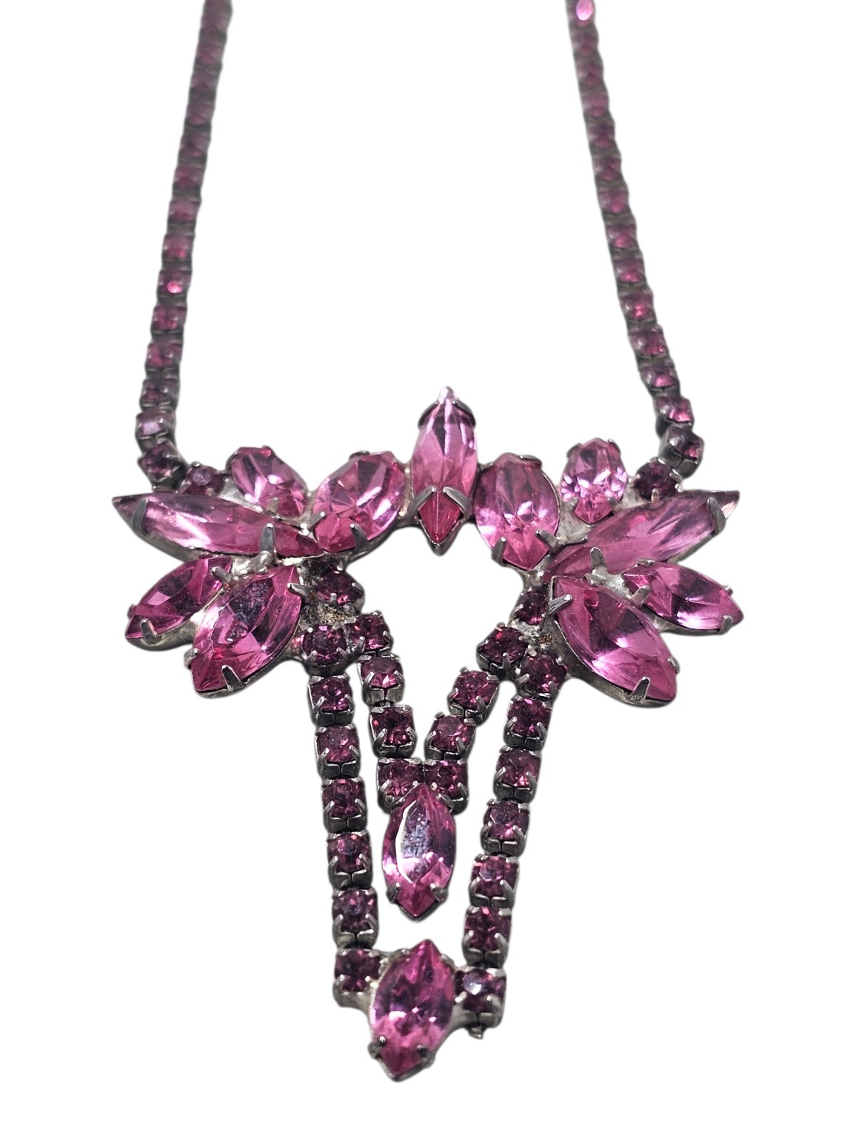 Vintage Pink Purple Rhinestone Statement Necklace Floral Starburst Gunmetal