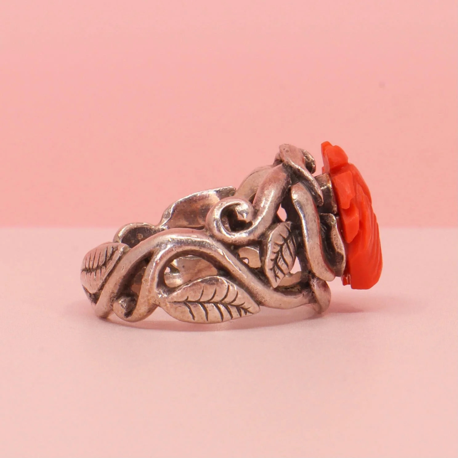 By Danilova, Japanese Satsuma Momo 1.5cm Carved Coral Cameo, Silver Ring, Size Q