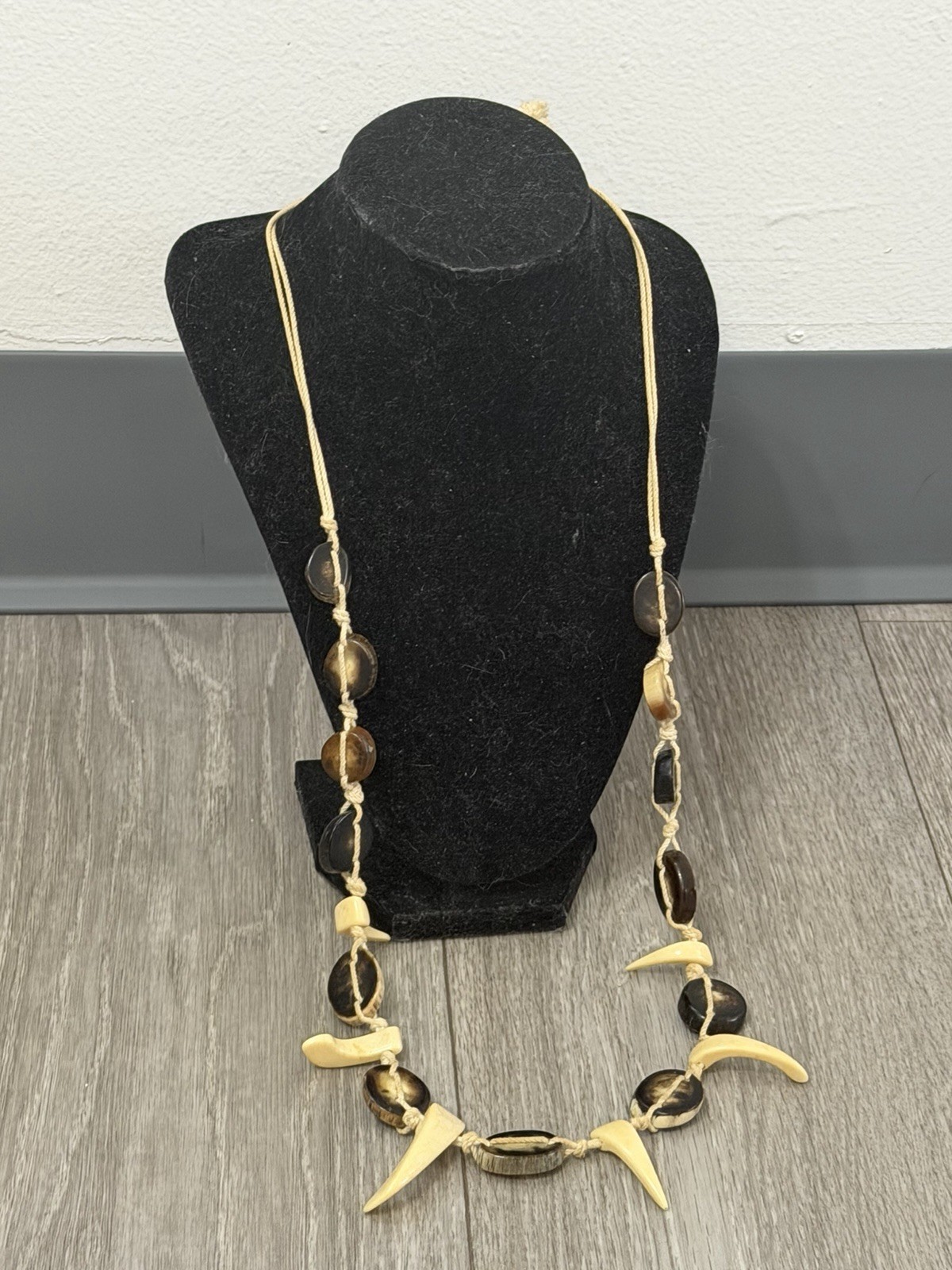 Vintage Handmade Knotted Carved Shell Boho Tribal Necklace