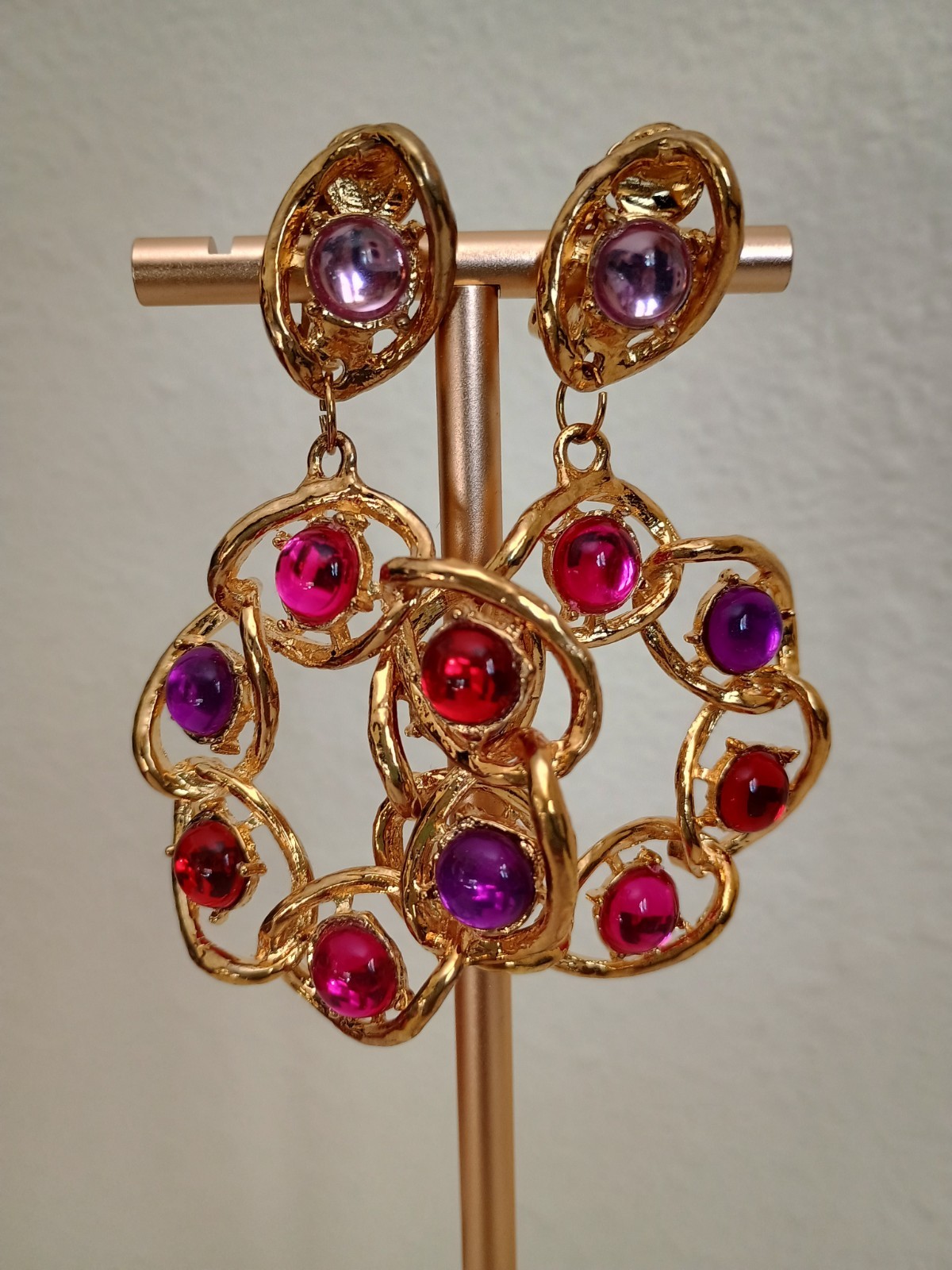 Vintage 90s St. John Earrings Signed Chunky Gold Pinks Purples Reds Cabochon