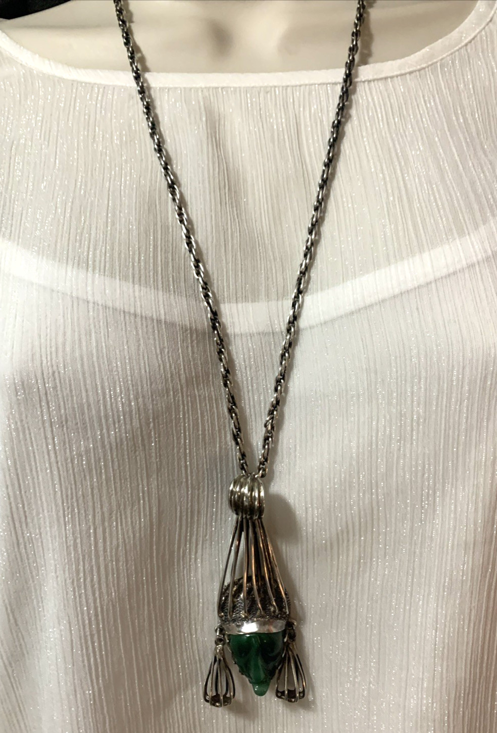 Vintage Sterling Silver and Green Onyx Mexican Mask Pendant & 28″ Necklace 73g
