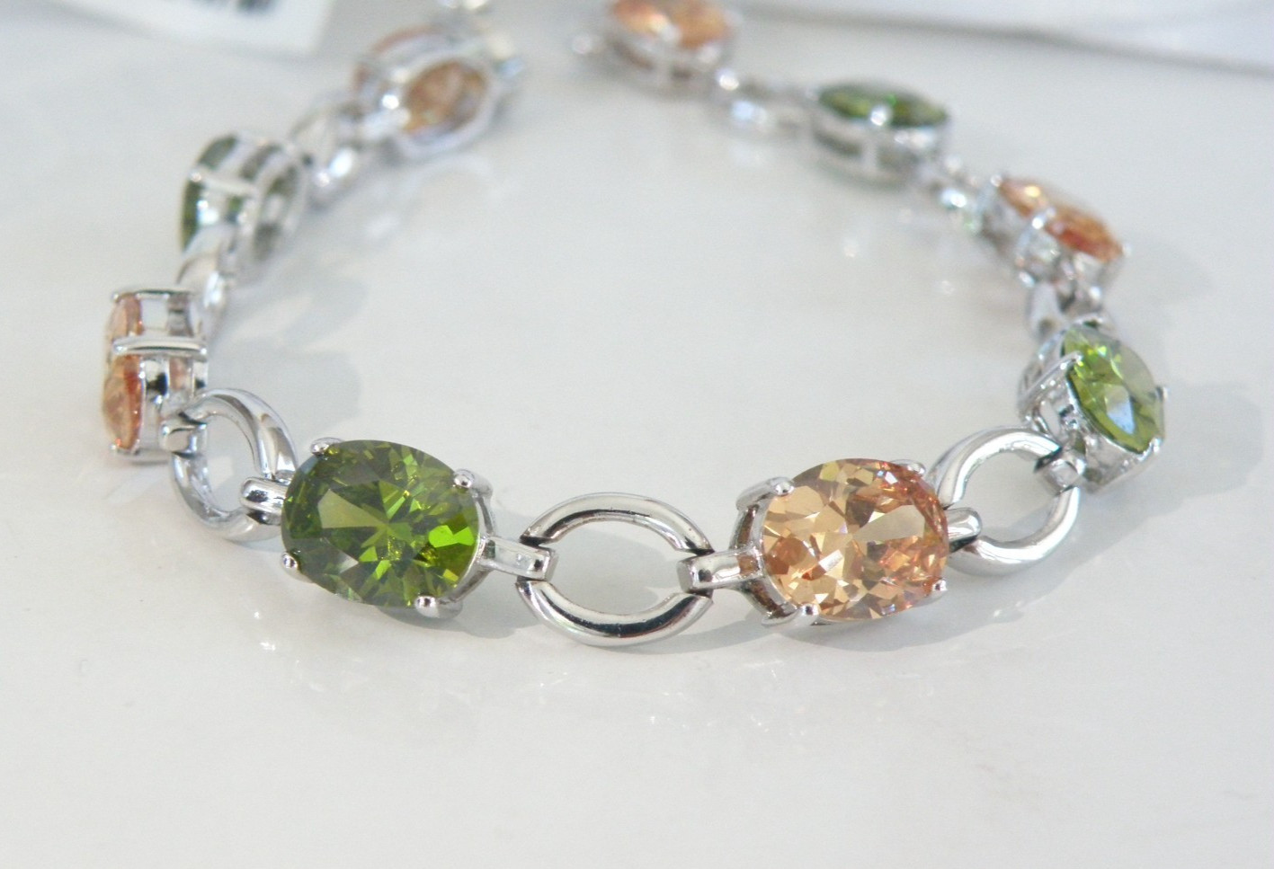 Vintage Sterling Silver 925 Gemstone Tennis Station Link Bracelet 7.5″