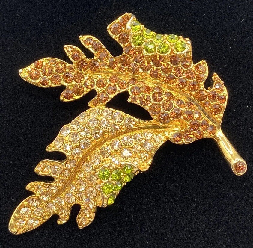 Brooch Kenneth J Lane KJL Signed Leaf Leaves Rhinestones Gold Tone With Box NICE