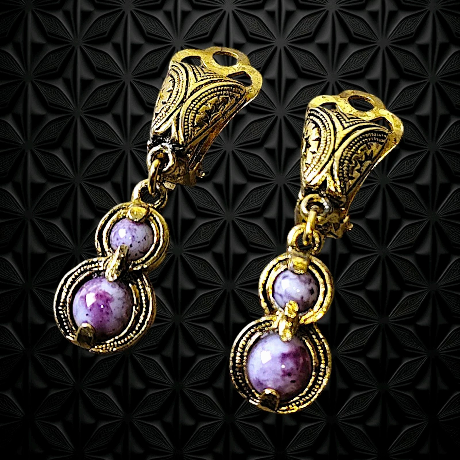 Vintage Gold-Tone Engraved Metal Black Outline With Two Purple Stones