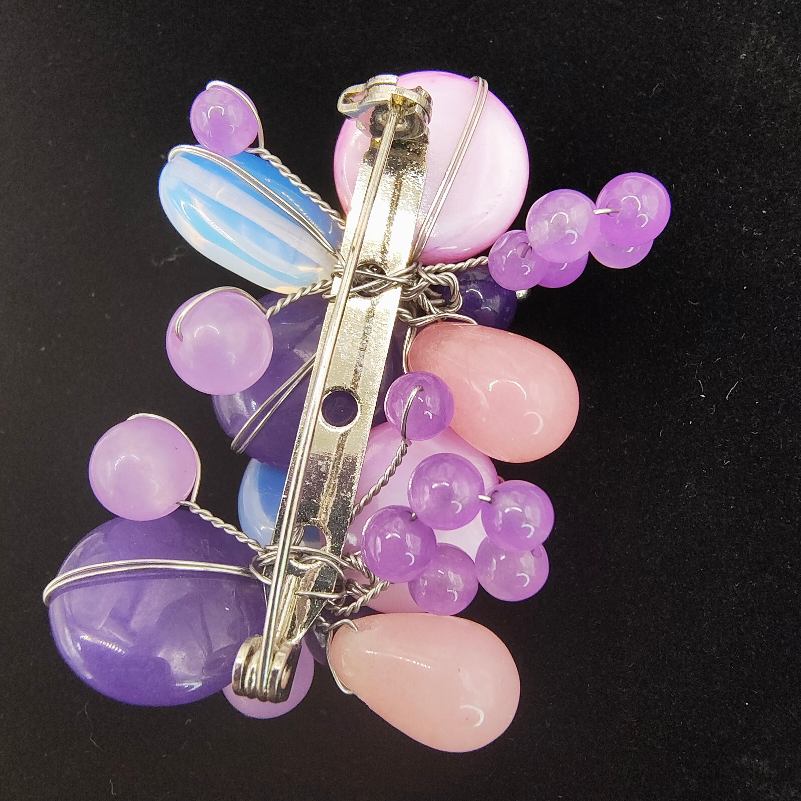 Chunky Purple Art Glass Brooch Pin Silver Tone Glass Beads Cluster Wire Abstract