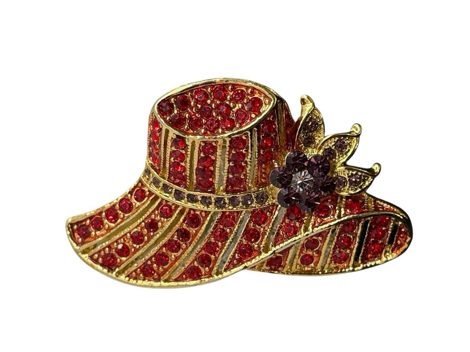 Vintage Red Hat Society Brooch Pin Red & Purple Rhinestones Gold Tone Flower