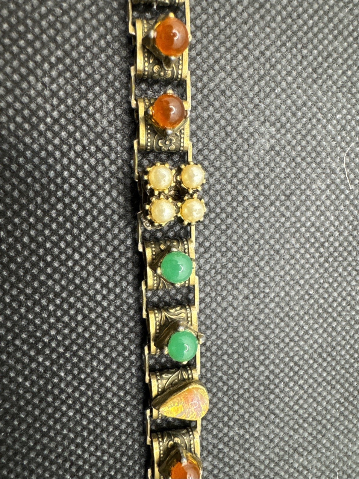 CC1127 Vtg Victorian Revival Book Chain Bracelet Faux Pearl, Opal, Emerald, Ruby
