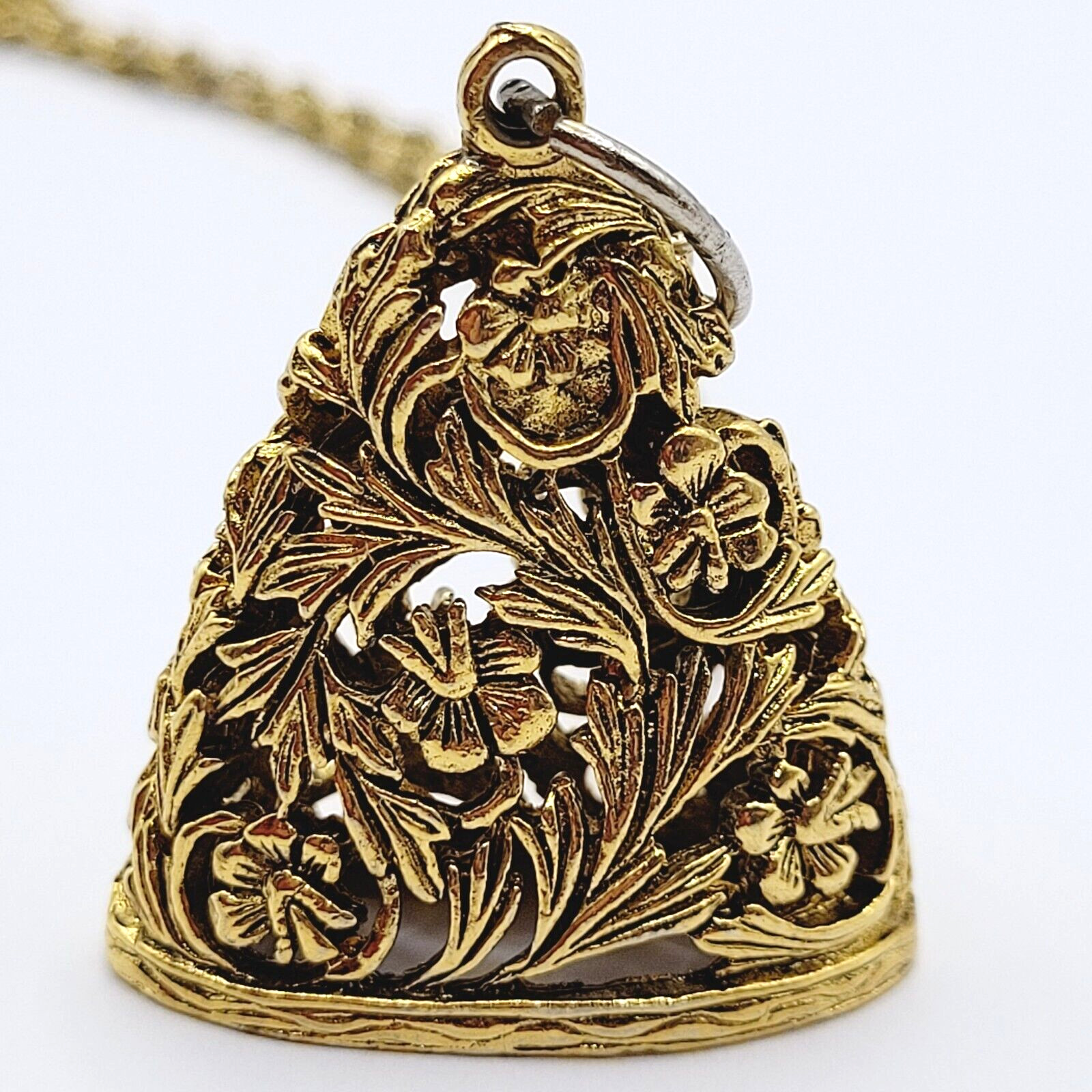 Renaissance Floral Triangle Filigree Pendant Necklace Gold Tone NO CLASP 24 Inch