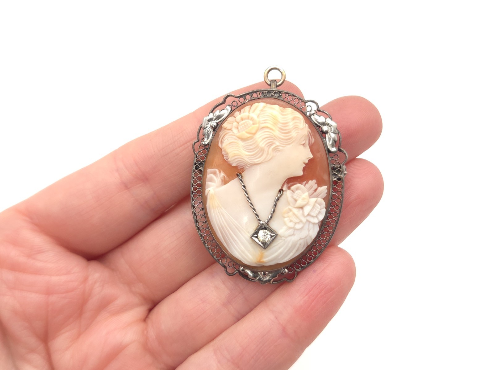 Art Deco Sterling Silver Carved Shell Habille Cameo Paste Stone Brooch Pendant
