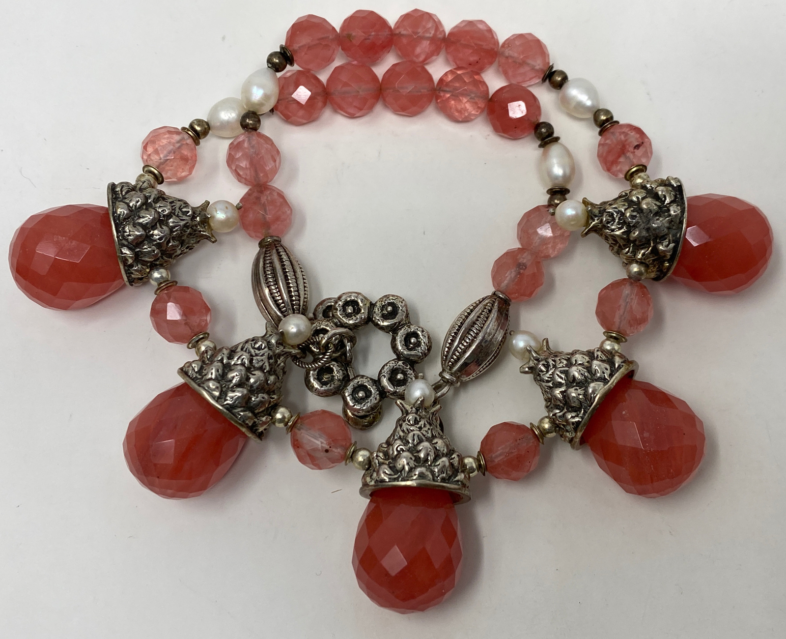 Stunning Artist Signed PF Sterling Silver Rose Quartz Pearl Collar Necklace